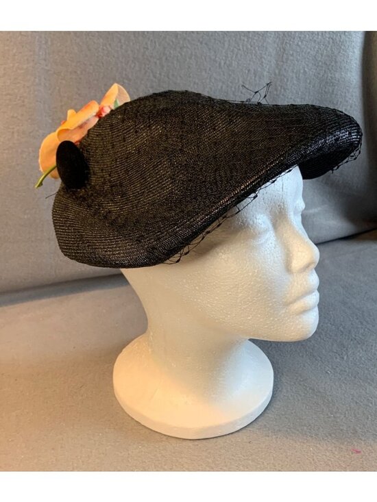 Abramson\'s Ladies Black Hat Silk Flower and Velvet Button Vintage main image 12